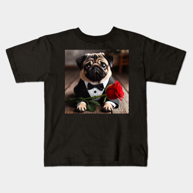 Sad pug dog in tuxedo suit and bow tie with red rose Kids T-Shirt by nicecorgi